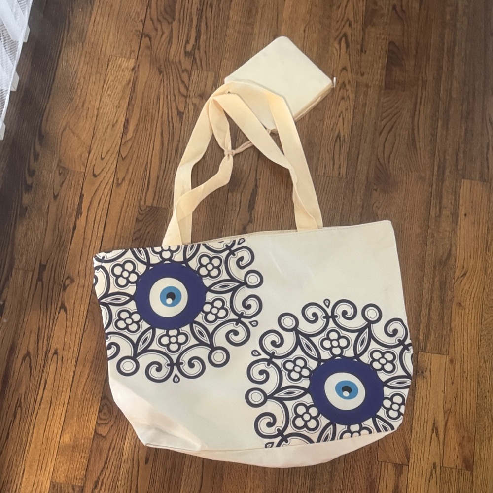 Cream and Blue Tote Bag with Pouch